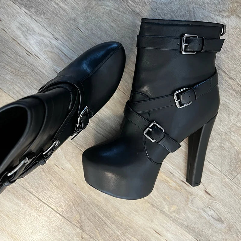 Onlymaker Plattform Knöchel Stiefel Frauen Runde Kappe Kurze Booties Block Chunky High Heel Schwarz Dicken Party Kleid Handgemachte Schuhe