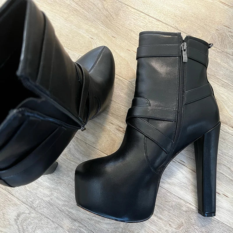 Onlymaker Plattform Knöchel Stiefel Frauen Runde Kappe Kurze Booties Block Chunky High Heel Schwarz Dicken Party Kleid Handgemachte Schuhe