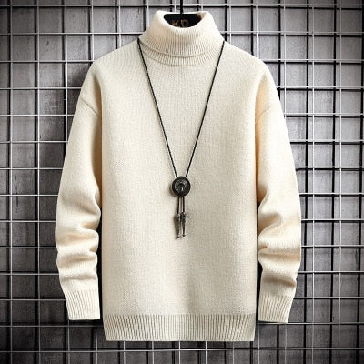 Winter Men's Turtleneck Sweater Solid Color Warm Pullovers Men Knitted Sweater Korean Casual Mens Pullovers White Black Clothes