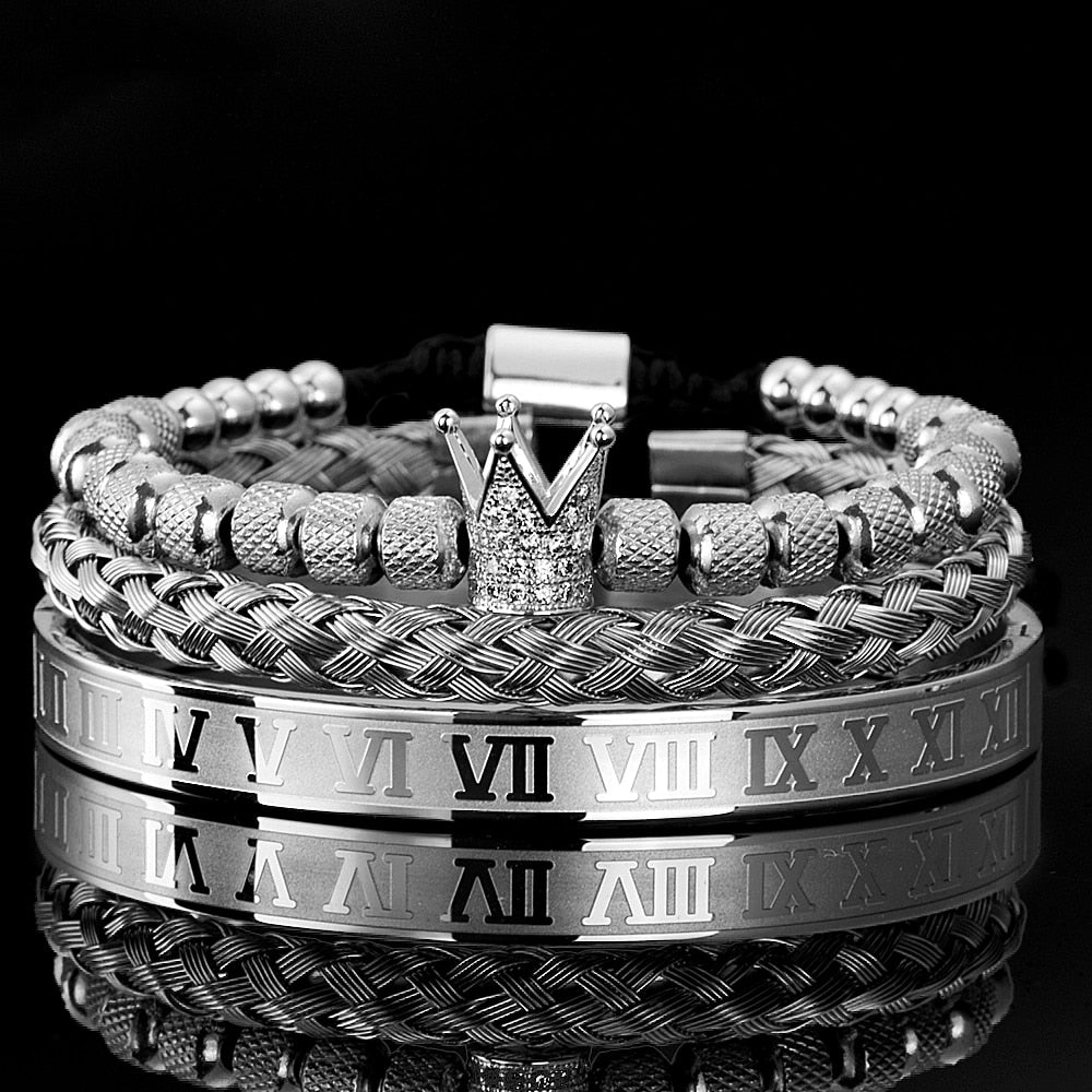 Luxury Roman Royal Micro Pave Blue CZ Crown Sets Bracelet Men Stainless Steel PulseirasOpen Adjustable Jewelry Dropshipping