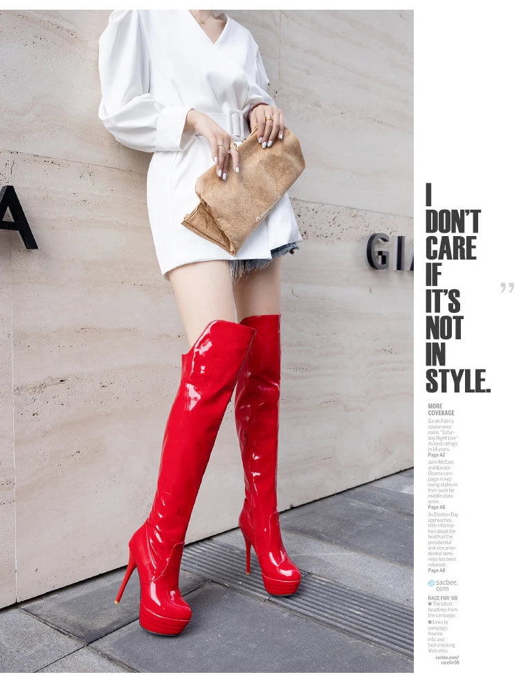 Super High Heel Fein Ferse Patent Leder Über Das Knie Stiefel Rot Runde Kappe Ultra Hohe Wasserdichte Plattform PU Frauen der Stiefel