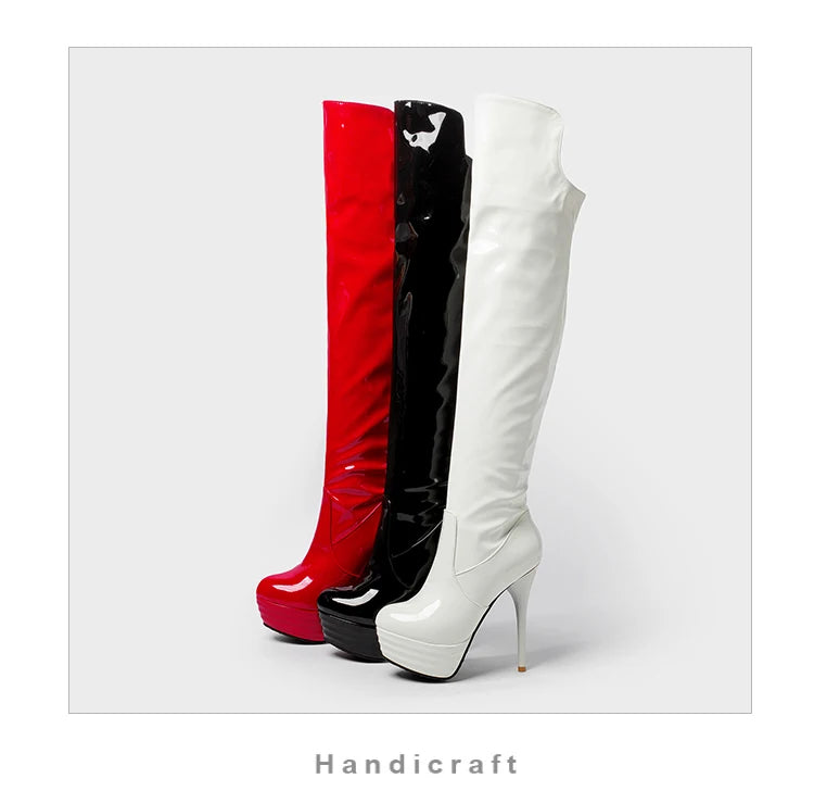 Super High Heel Fein Ferse Patent Leder Über Das Knie Stiefel Rot Runde Kappe Ultra Hohe Wasserdichte Plattform PU Frauen der Stiefel