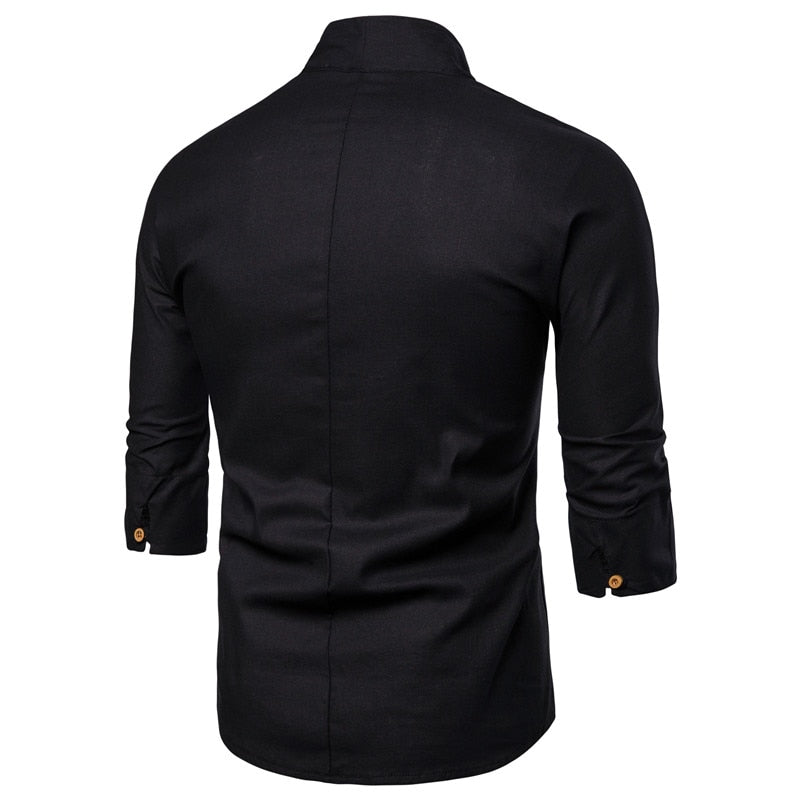 Shirts Men Solid Pullover V Neck Three Quarter Mens Kimono Shirts Traditional Streetwear Blouse Chinese Style Linen Shirts Man