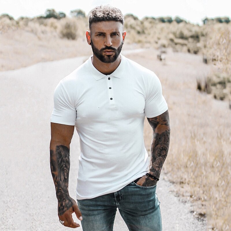 New Summer Fashion Mens Solid Short Sleeve Polo Shirts Cotton Slim Fit Turn Collar Male Gym Bodybuilding Fitness Polo Shirt