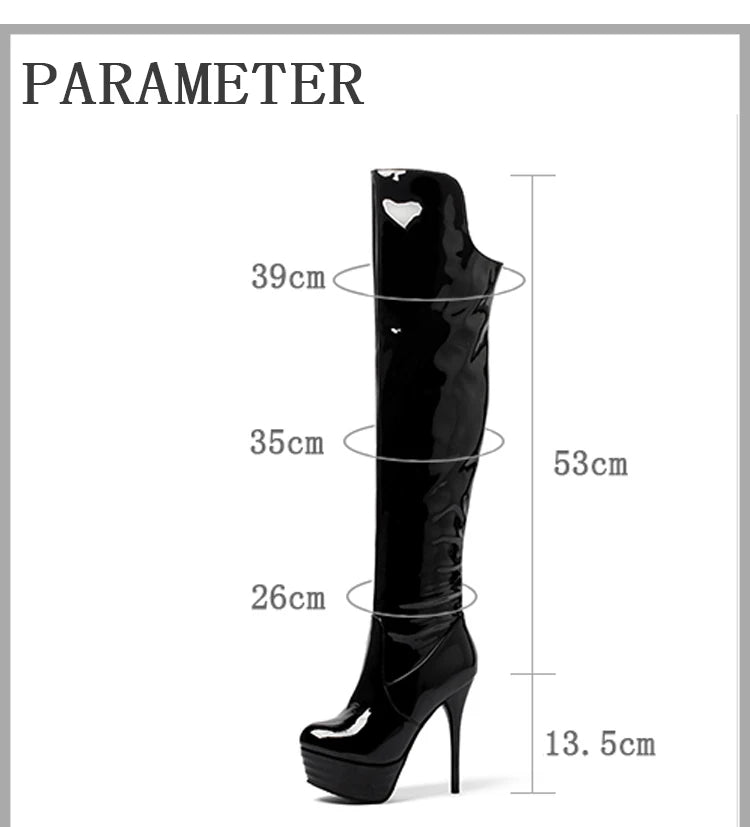 Super High Heel Fein Ferse Patent Leder Über Das Knie Stiefel Rot Runde Kappe Ultra Hohe Wasserdichte Plattform PU Frauen der Stiefel