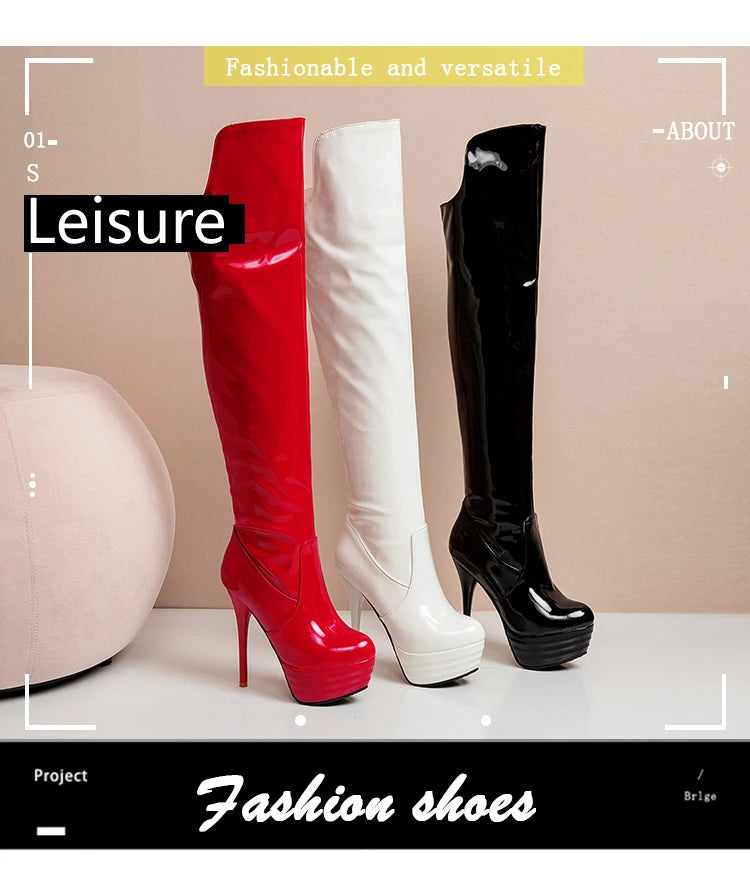 Super High Heel Fein Ferse Patent Leder Über Das Knie Stiefel Rot Runde Kappe Ultra Hohe Wasserdichte Plattform PU Frauen der Stiefel