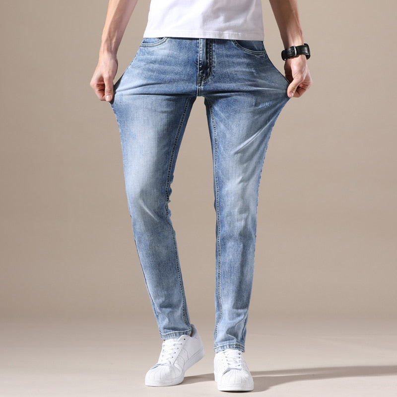 Jeywood Brand Clothing Jeans Men High Quality Stretch Light Blue Denim Fashion Pleated Retro Pocket Skinny Trousers Pants 28-40