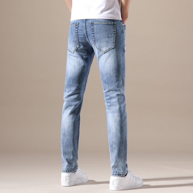 Jeywood Brand Clothing Jeans Men High Quality Stretch Light Blue Denim Fashion Pleated Retro Pocket Skinny Trousers Pants 28-40