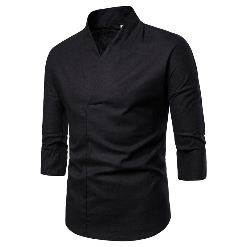 Shirts Men Solid Pullover V Neck Three Quarter Mens Kimono Shirts Traditional Streetwear Blouse Chinese Style Linen Shirts Man