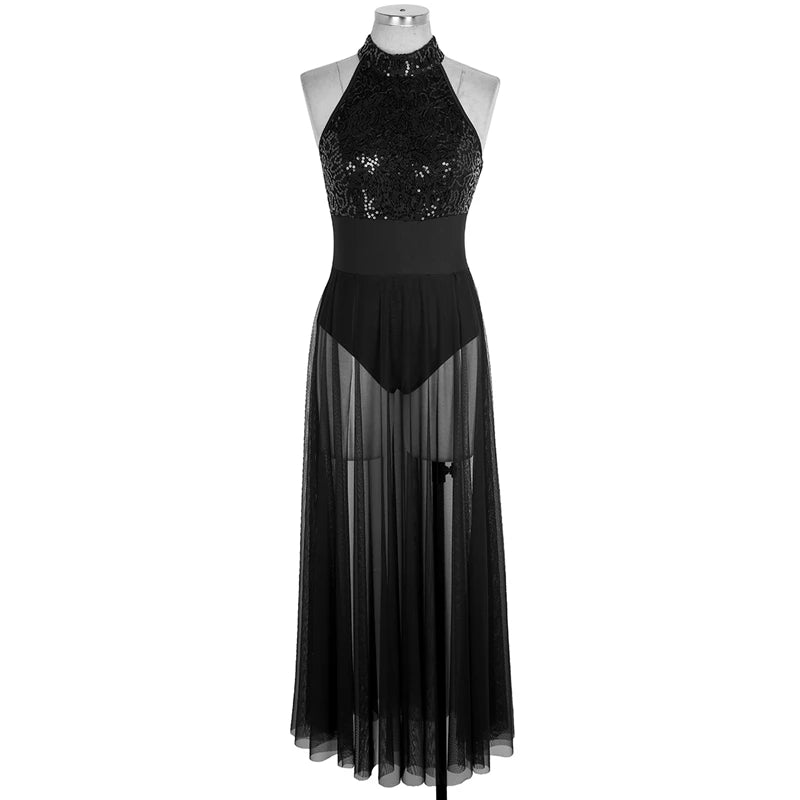 High Quality Halter Sequined Mesh maxi dress for Women Adult Ballet and Lyrical Contemporary Dancing Stage Performance Costumes