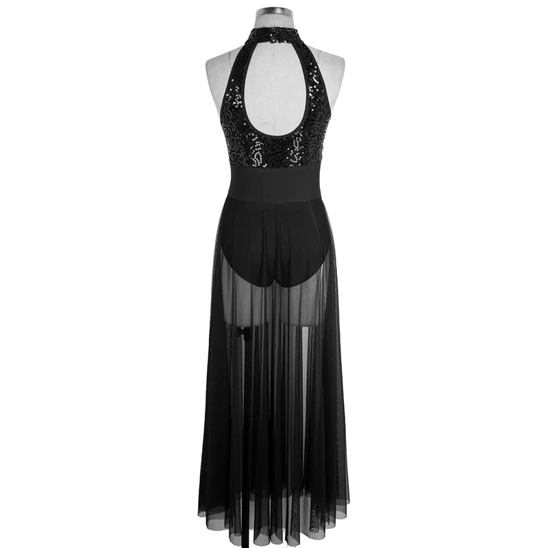 High Quality Halter Sequined Mesh maxi dress for Women Adult Ballet and Lyrical Contemporary Dancing Stage Performance Costumes
