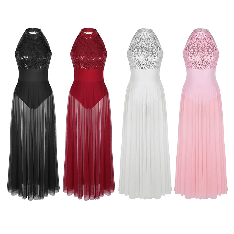 High Quality Halter Sequined Mesh maxi dress for Women Adult Ballet and Lyrical Contemporary Dancing Stage Performance Costumes