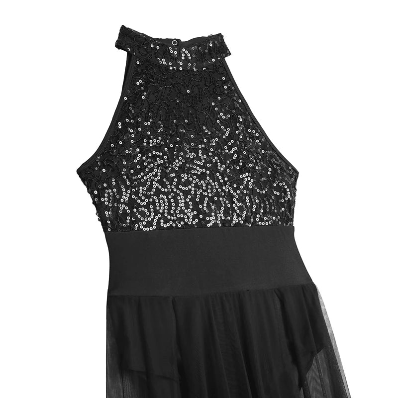 High Quality Halter Sequined Mesh maxi dress for Women Adult Ballet and Lyrical Contemporary Dancing Stage Performance Costumes