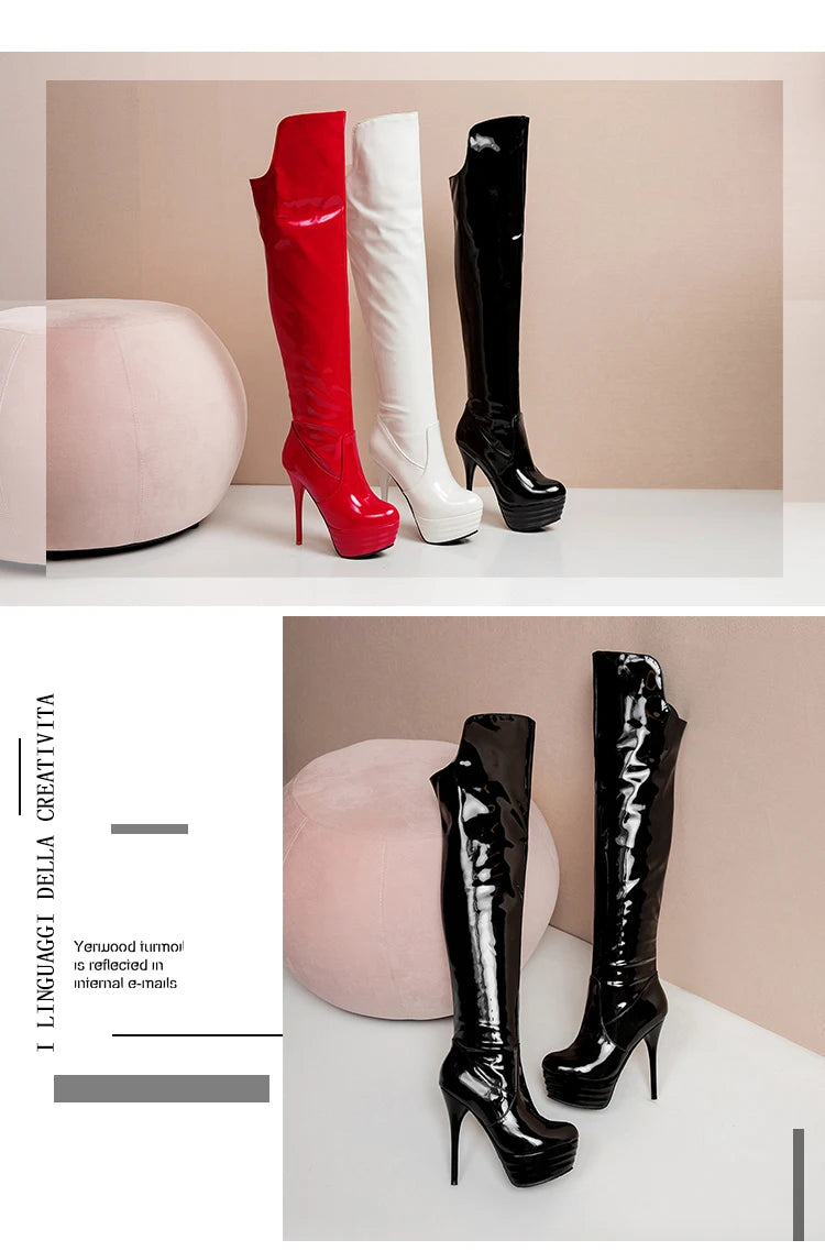 Super High Heel Fein Ferse Patent Leder Über Das Knie Stiefel Rot Runde Kappe Ultra Hohe Wasserdichte Plattform PU Frauen der Stiefel