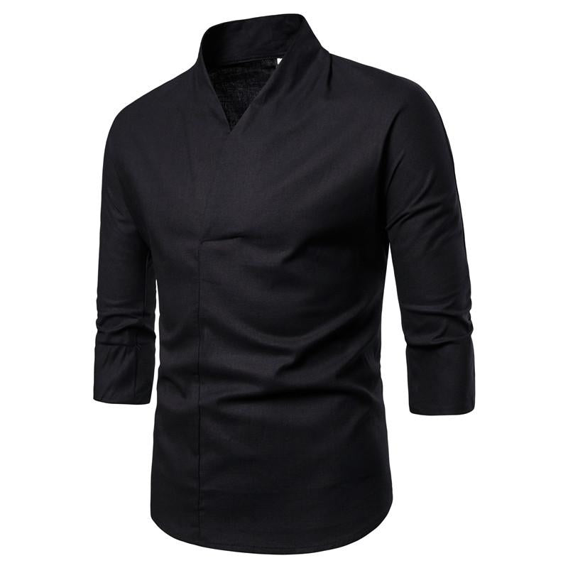 Shirts Men Solid Pullover V Neck Three Quarter Mens Kimono Shirts Traditional Streetwear Blouse Chinese Style Linen Shirts Man