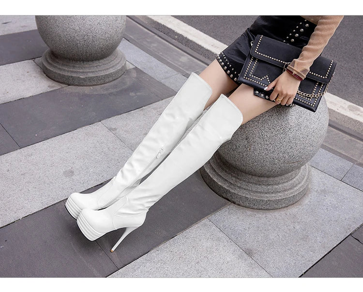 Super High Heel Fein Ferse Patent Leder Über Das Knie Stiefel Rot Runde Kappe Ultra Hohe Wasserdichte Plattform PU Frauen der Stiefel