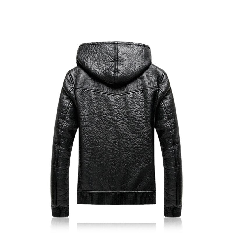 Mens Hooded Leather Jackets Men Business Casual Plus Thick Warm Windproof Fleece PU Leather Coats Motorcycle Suede Jacket 5XL