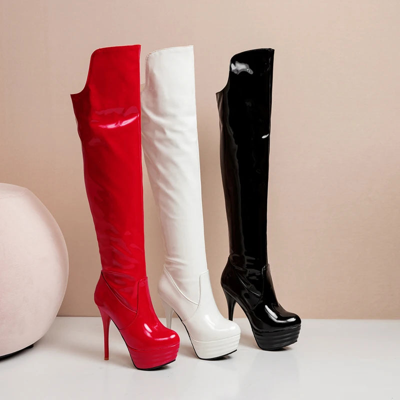 Super High Heel Fein Ferse Patent Leder Über Das Knie Stiefel Rot Runde Kappe Ultra Hohe Wasserdichte Plattform PU Frauen der Stiefel