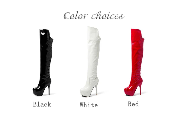 Super High Heel Fein Ferse Patent Leder Über Das Knie Stiefel Rot Runde Kappe Ultra Hohe Wasserdichte Plattform PU Frauen der Stiefel