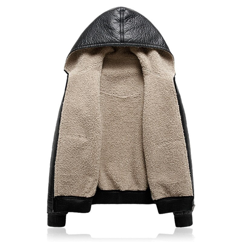 Mens Hooded Leather Jackets Men Business Casual Plus Thick Warm Windproof Fleece PU Leather Coats Motorcycle Suede Jacket 5XL