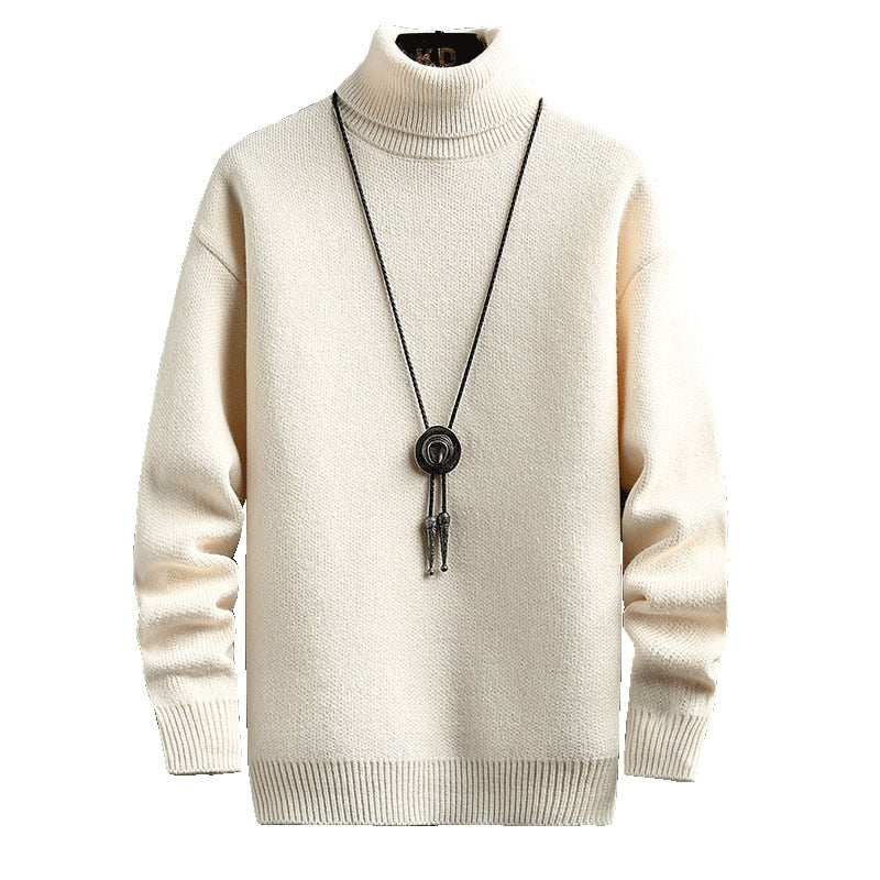 Winter Men's Turtleneck Sweater Solid Color Warm Pullovers Men Knitted Sweater Korean Casual Mens Pullovers White Black Clothes