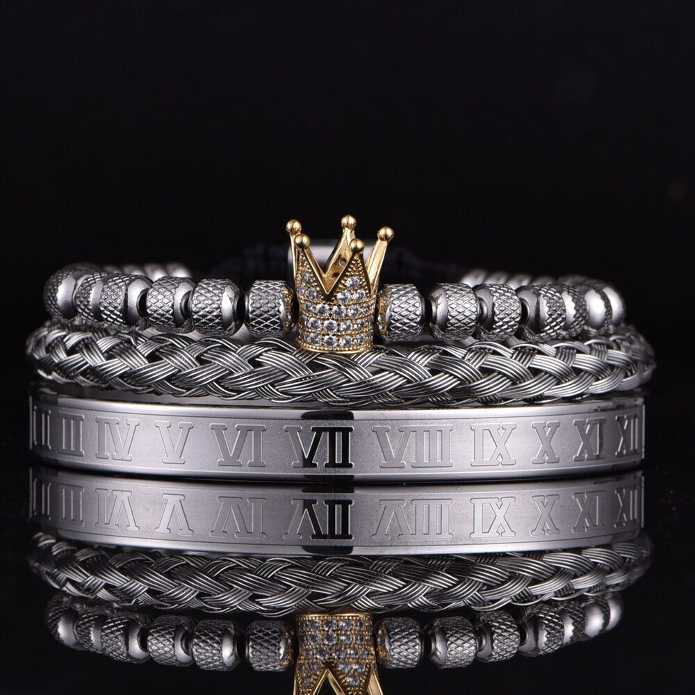 Luxury Roman Royal Micro Pave Blue CZ Crown Sets Bracelet Men Stainless Steel PulseirasOpen Adjustable Jewelry Dropshipping