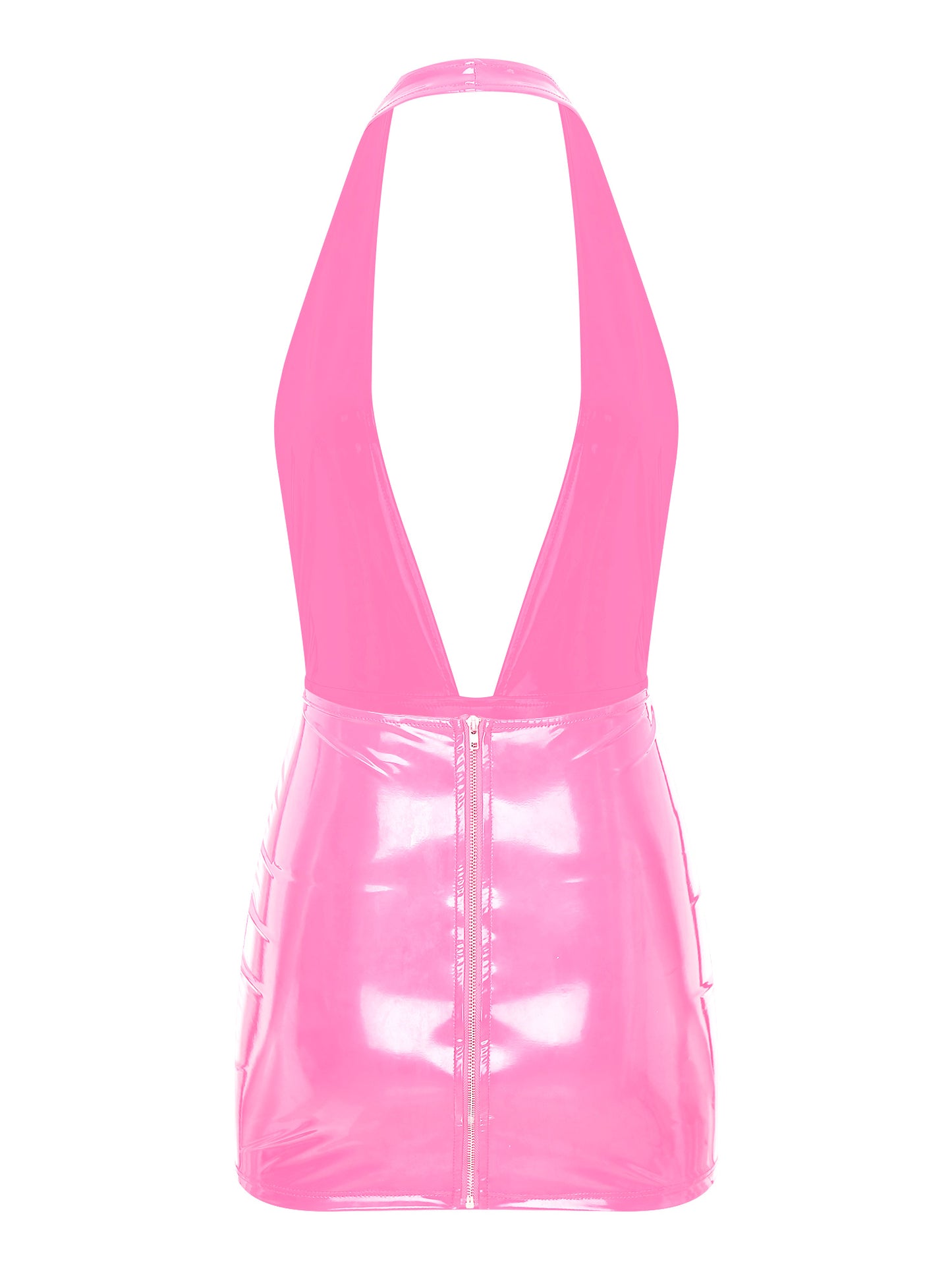 Damen Wet Look Kunstleder sexy Deep V-Ausschnitt Club Kleid Neck holder Hals rücken frei Reiß verschluss Mini kleider Bodycon Latex Clubwear