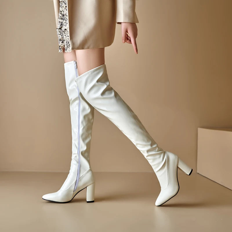Plus Size glattes Lack leder spitze Zehen ultra hohe dicke Ferse Reiß verschluss lange Stiefel Plüsch futter über den kniehohen Stiefeln
