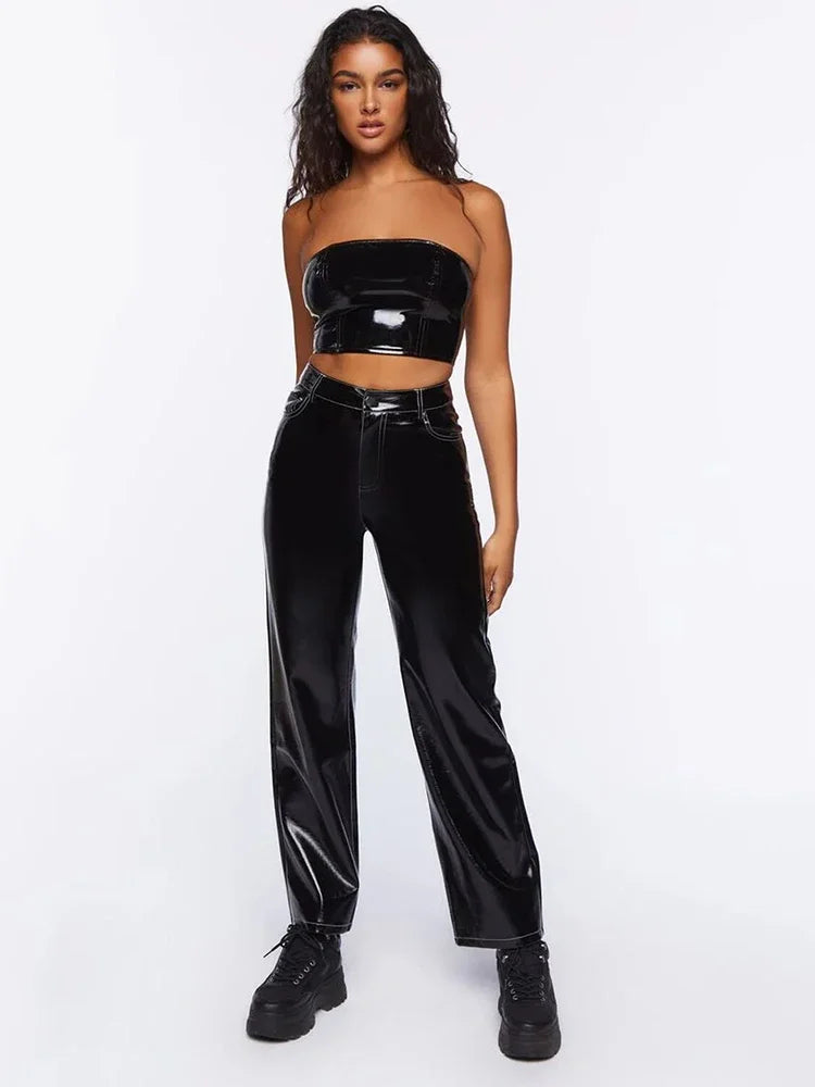 Träger loses Faux-Latex-Crop-Top für Damen mit Reiß verschluss rückseite und Lack leder Spleiß Bra lette für Clubbing und Party Sexy