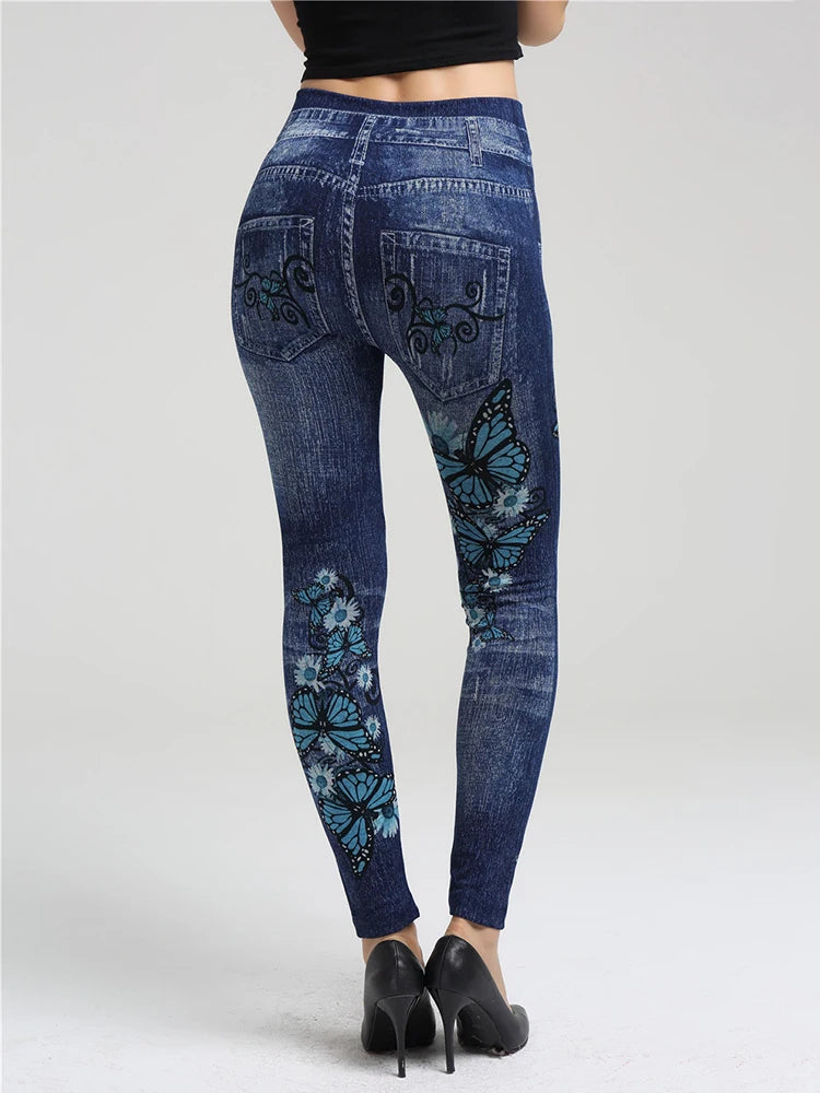CUHAKCI High Elastic Blue Butterfly Print Leggings Plus Size Vintage Fake Jeans Women Jeggings Soft Fitness Trouses Sport Pants