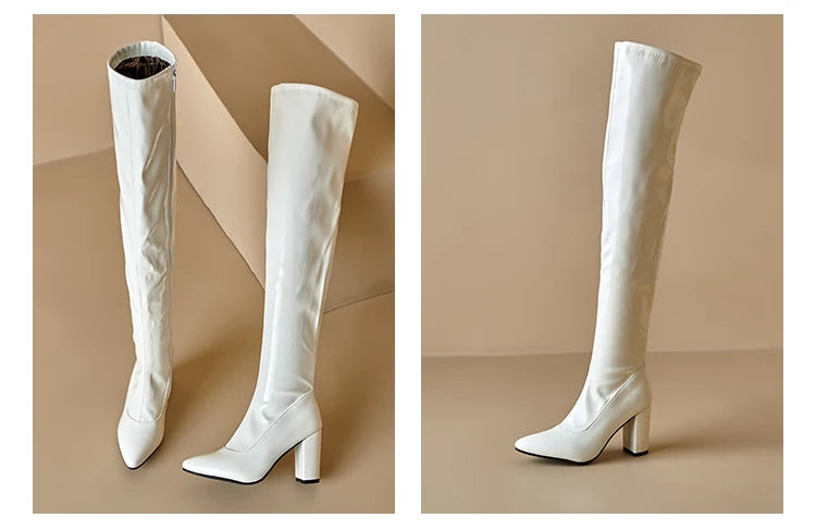 Plus Size glattes Lack leder spitze Zehen ultra hohe dicke Ferse Reiß verschluss lange Stiefel Plüsch futter über den kniehohen Stiefeln