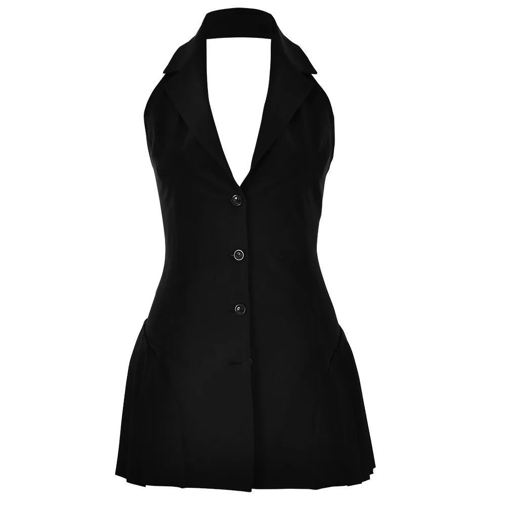 FairyShely Sexy Reversiertes Blazer-Minikleid für Damen, 2022, V-Ausschnitt, ärmelloses Plissee-Kleid, Damenmode, Neckholder, rückenfrei, kurzes Kleid