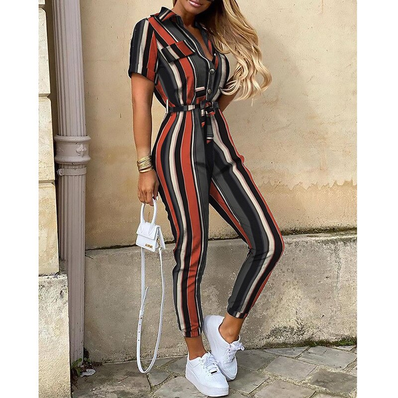 New Summer Jumpsuit Women Elegant Casual Lapel Buckle Printed Female Jumpsuit Woman Trousers Playsuit Overalls Bodysuit Romper
