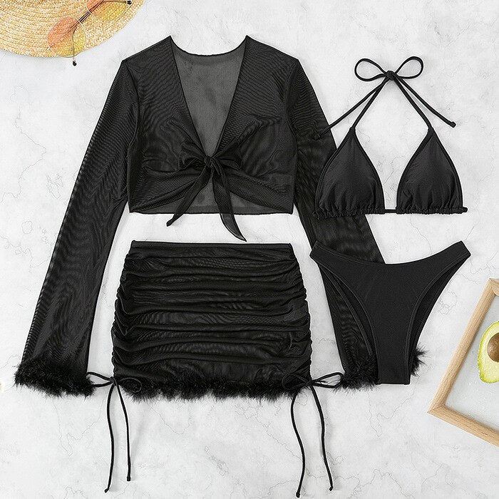 4 Pieces Halter Black Bikini Swimsuit & Cover Up Top & Beach Skirt Sexy Swimwear Women 2023 Bathing Swimming Swim Suit Beachwear