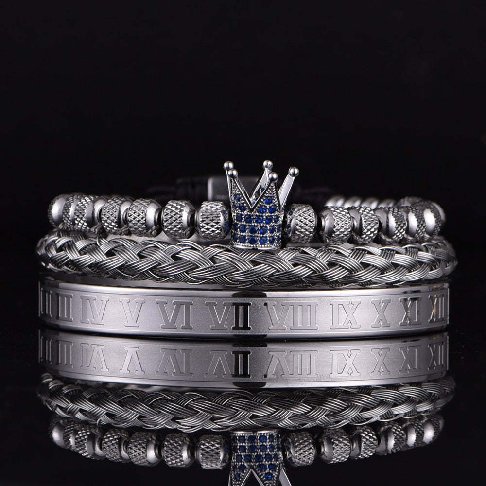 Luxury Roman Royal Micro Pave Blue CZ Crown Sets Bracelet Men Stainless Steel PulseirasOpen Adjustable Jewelry Dropshipping