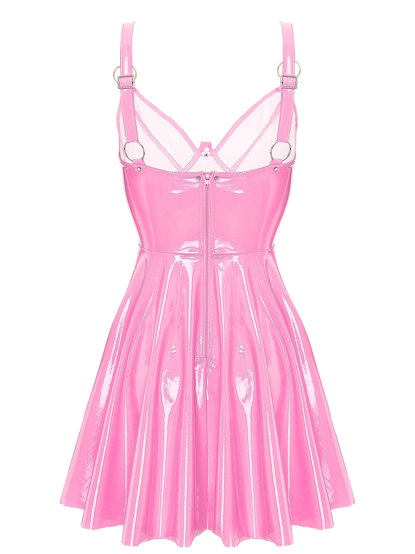 Damen Wet Look Kunstleder ärmel los tief V-Ausschnitt rücken frei Mini A-Linie Kleid sexy Party Club Rave Tanz Kostüm Clubwear