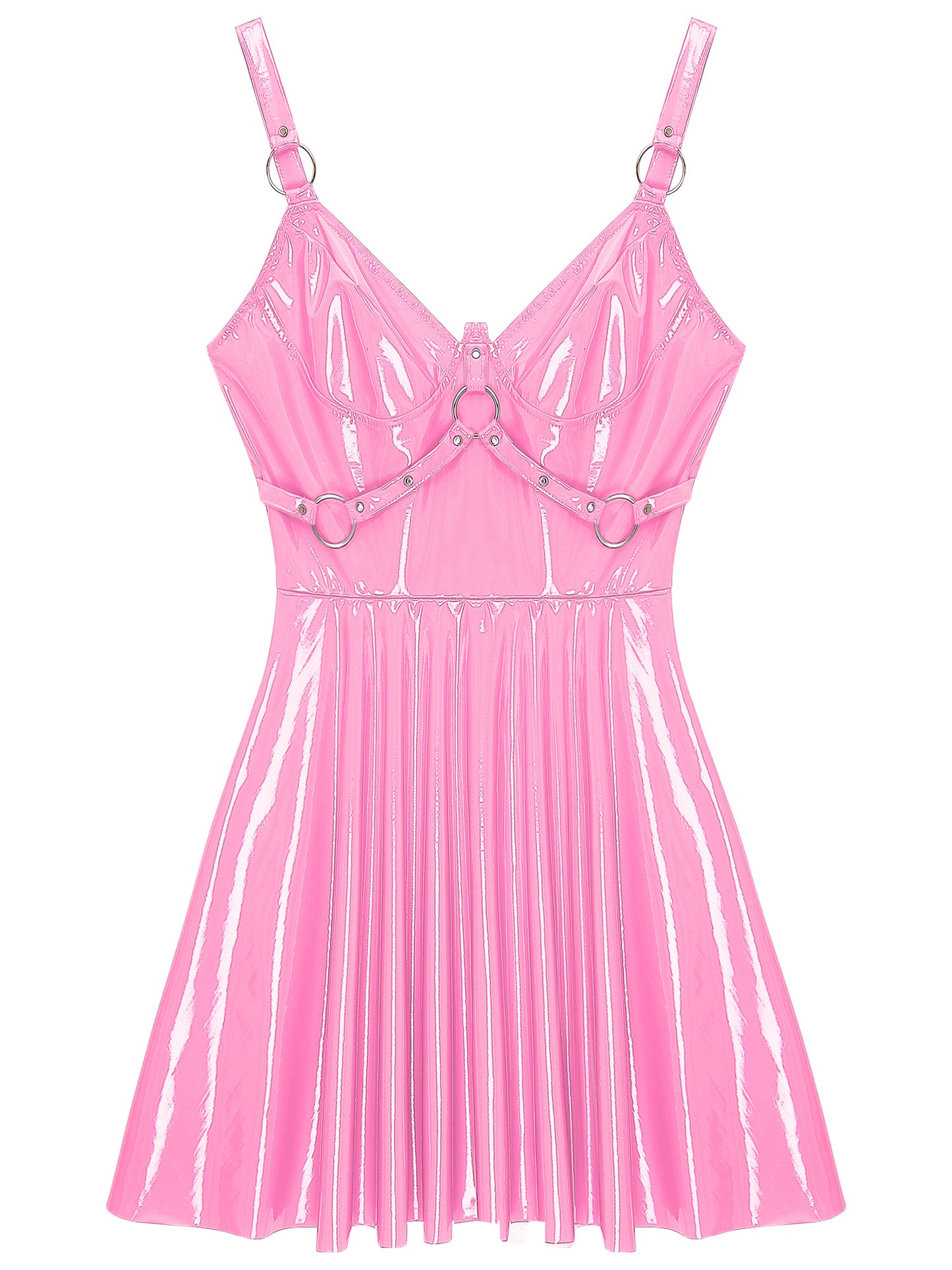 Damen Wet Look Kunstleder ärmel los tief V-Ausschnitt rücken frei Mini A-Linie Kleid sexy Party Club Rave Tanz Kostüm Clubwear