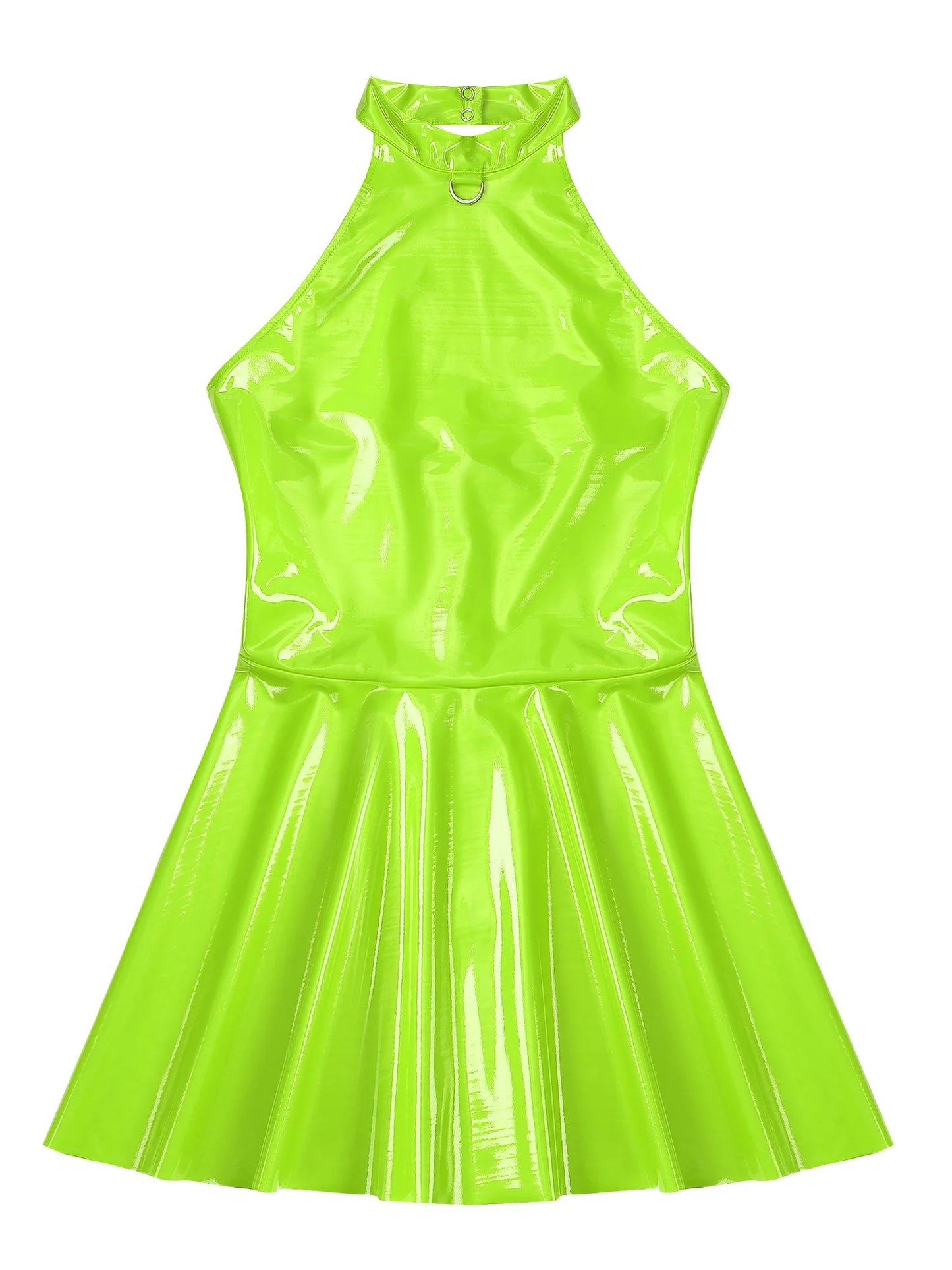 Damen Wet Look Lack leder Halfter rücken frei Skater Mini A-Linie Kleid Vinyl Latex glänzend Cocktail Party Club Kleider Clubwear
