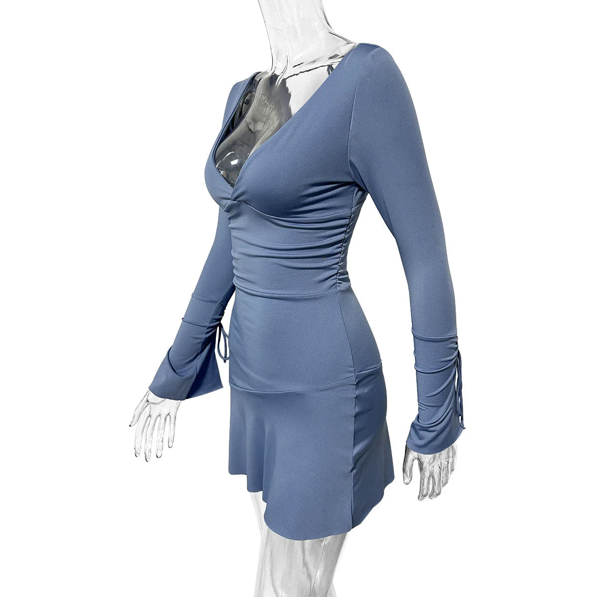 Fair shely sexy v tiefblau kurzes Kleid neue enge Club rücken freie Mini kleider Herbst Langarm Abend party Kleid