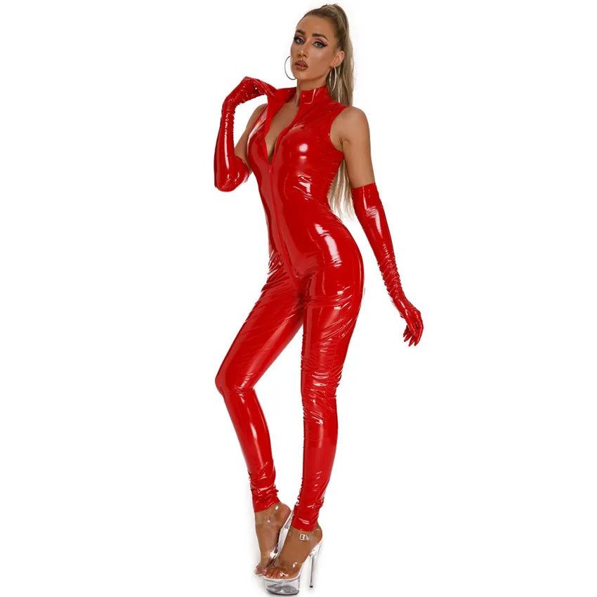 S-5XL Sexy Shiny Latex Catsuit Hot Women PVC Faux Leather Jumpsuit Sleeveless Zipper Open Crotch Tight Erotic Bodysuit Clubwear