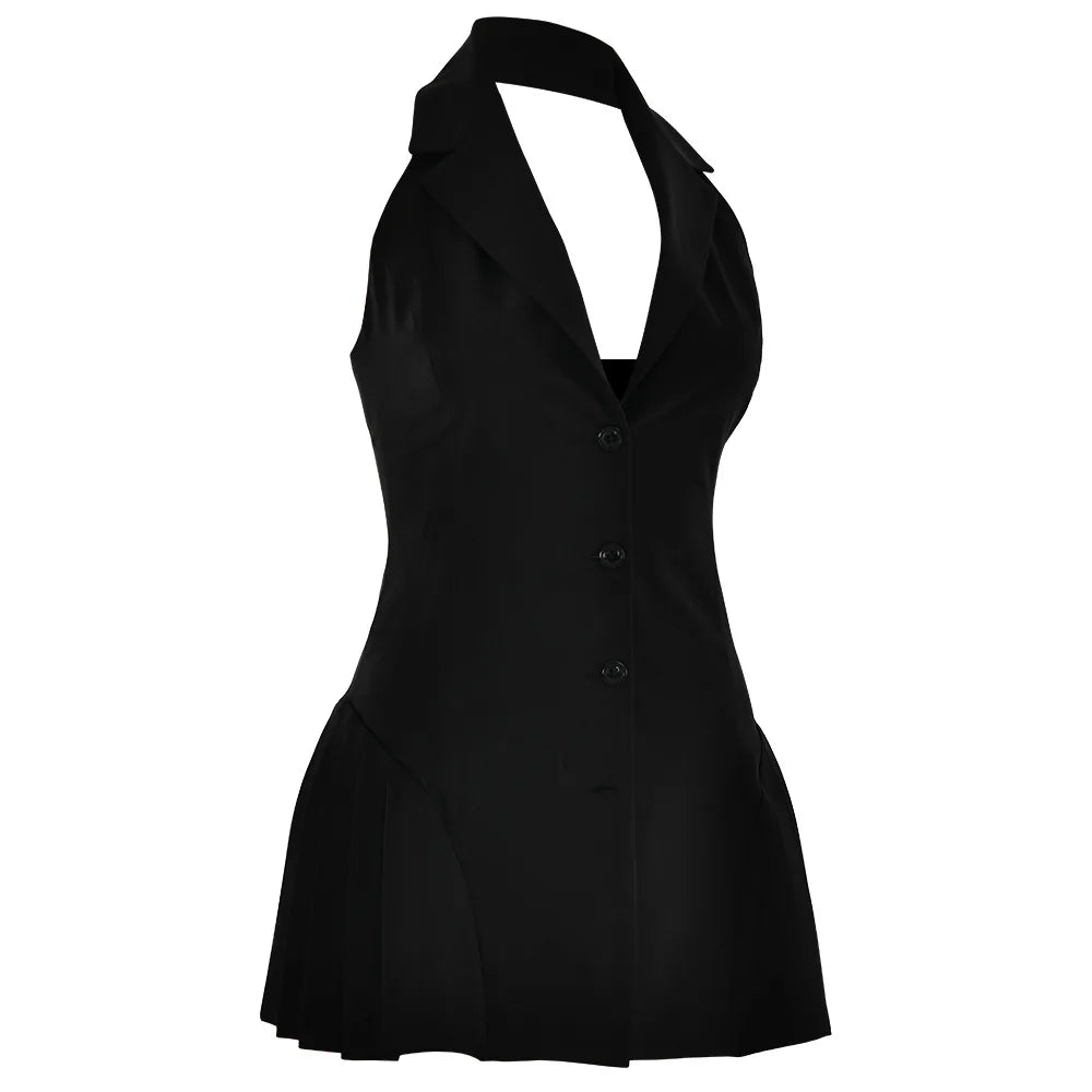 FairyShely Sexy Reversiertes Blazer-Minikleid für Damen, 2022, V-Ausschnitt, ärmelloses Plissee-Kleid, Damenmode, Neckholder, rückenfrei, kurzes Kleid