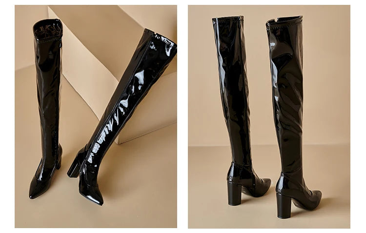 Plus Size glattes Lack leder spitze Zehen ultra hohe dicke Ferse Reiß verschluss lange Stiefel Plüsch futter über den kniehohen Stiefeln