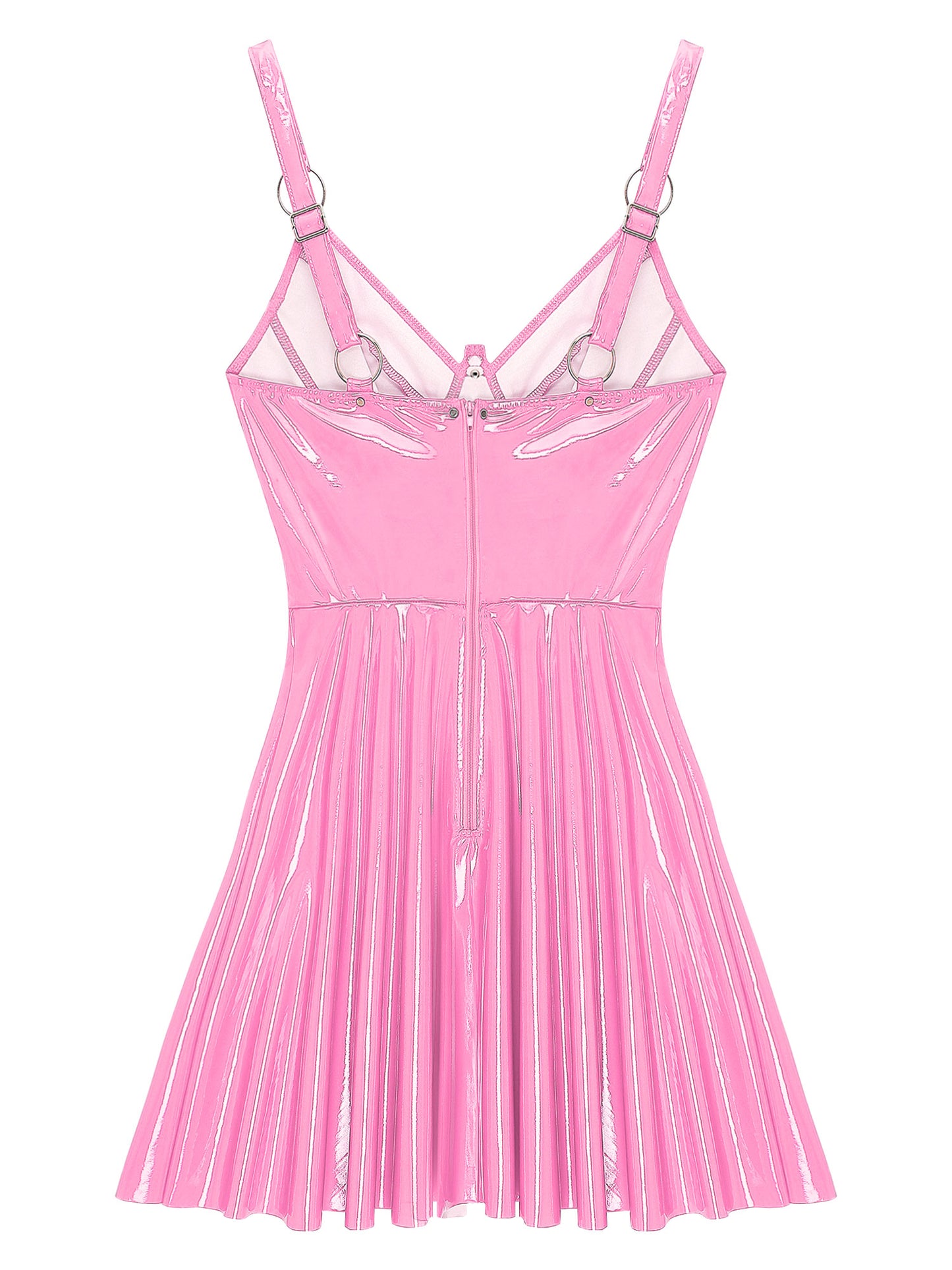 Damen Wet Look Kunstleder ärmel los tief V-Ausschnitt rücken frei Mini A-Linie Kleid sexy Party Club Rave Tanz Kostüm Clubwear