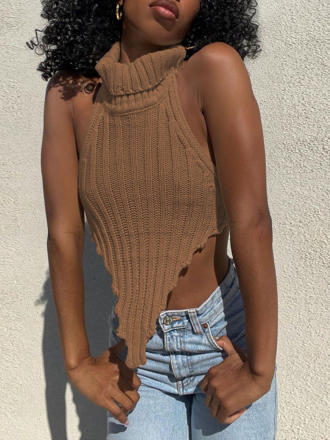 Cryptographic Fashion Knitted Turtleneck Crop Tops for Women Summer Sexy Sleeveless Backless Tanks Cropped Party Club Clothes