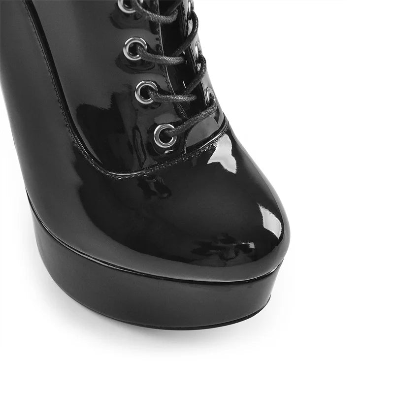 Onlymaker Frauen Plattform Ankle Booties Patent Leder Dünne High Heels Lace Up Größe Zip Winter Warm Zipper Stiefel Schuhe