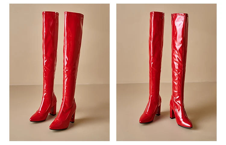 Plus Size glattes Lack leder spitze Zehen ultra hohe dicke Ferse Reiß verschluss lange Stiefel Plüsch futter über den kniehohen Stiefeln
