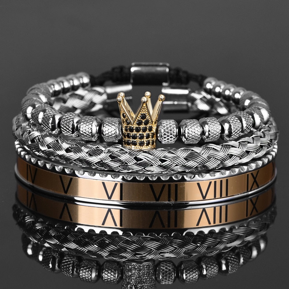 Luxury Roman Royal Micro Pave Blue CZ Crown Sets Bracelet Men Stainless Steel PulseirasOpen Adjustable Jewelry Dropshipping