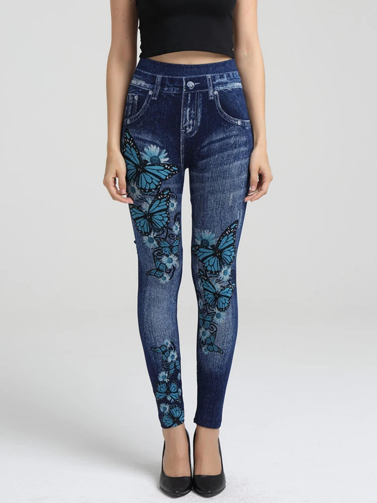 CUHAKCI High Elastic Blue Butterfly Print Leggings Plus Size Vintage Fake Jeans Women Jeggings Soft Fitness Trouses Sport Pants