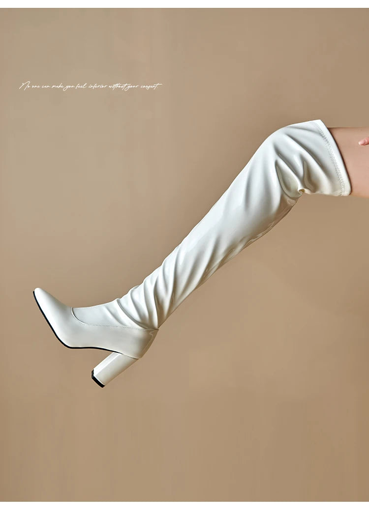 Plus Size glattes Lack leder spitze Zehen ultra hohe dicke Ferse Reiß verschluss lange Stiefel Plüsch futter über den kniehohen Stiefeln
