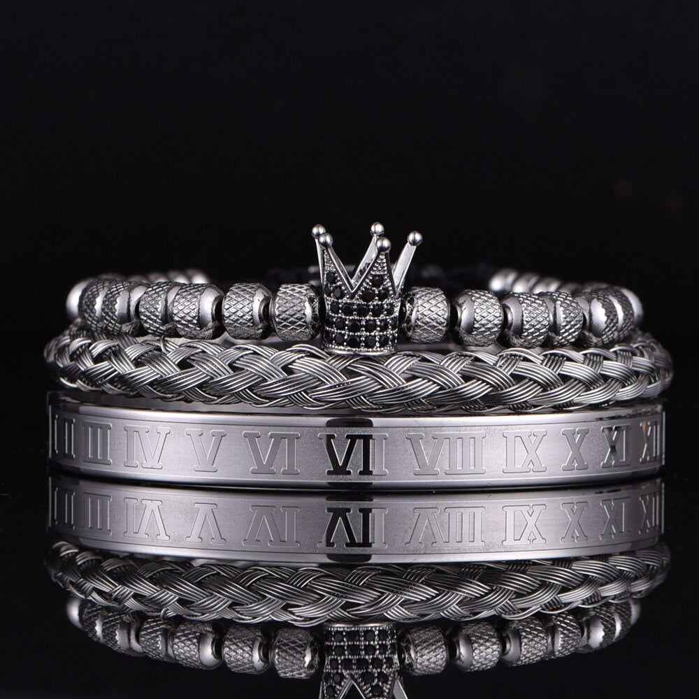 Luxury Roman Royal Micro Pave Blue CZ Crown Sets Bracelet Men Stainless Steel PulseirasOpen Adjustable Jewelry Dropshipping